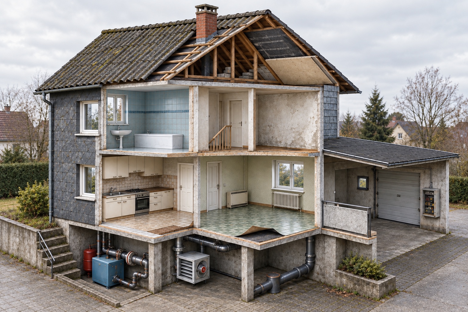 Fotorealistische Aufnahme eines Hauses im Schnitt für den interaktiven Gebäudecheck