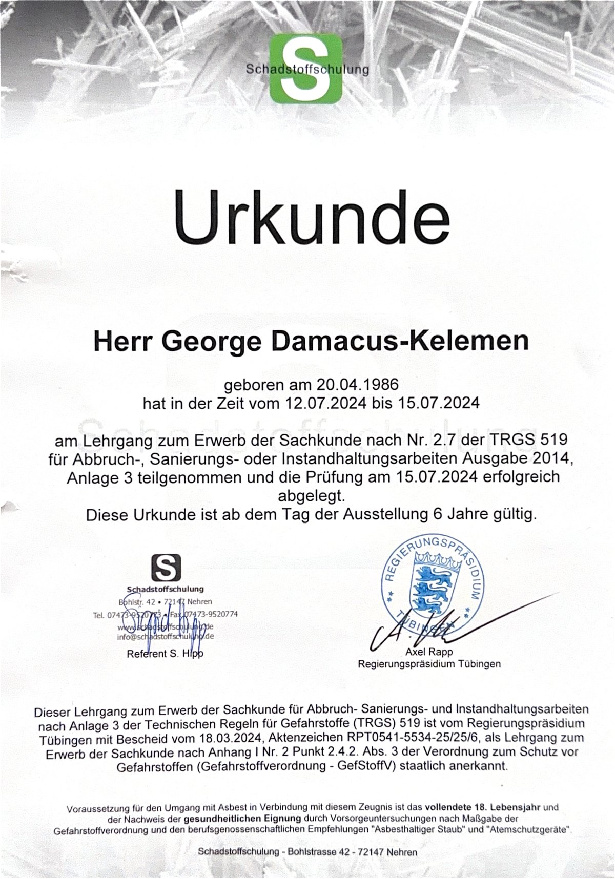 Sachkundenachweis TRGS 519 Anlage 3 Urkunde