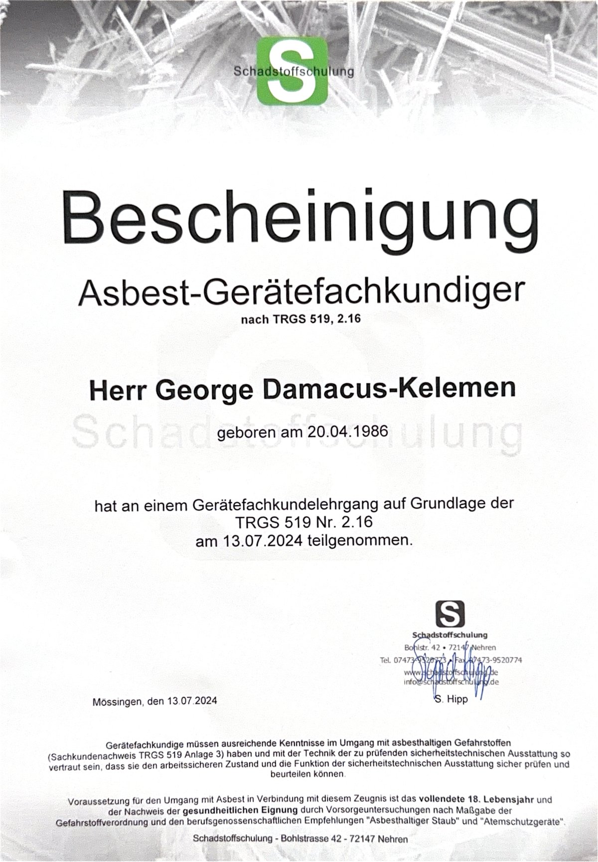 Zertifikat Asbest-Gerätefachkundiger